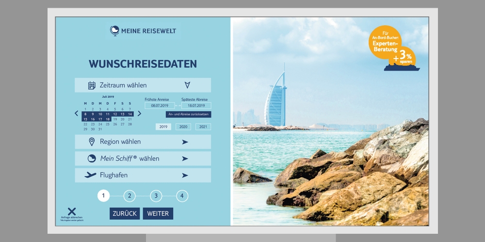 TUI Cruises Digital Signage, Inhalte Reisebuchung Mein Schiff